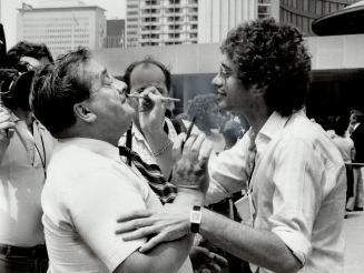Just clowning: Etobicoke Mayor Dennis Flynn and Metro Chairman Paul Godfrey try mustaches