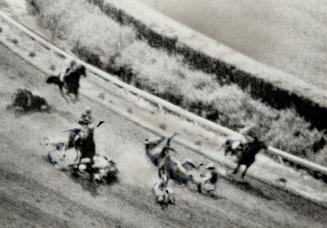 Bottom left: Jockey Gary Stahlbaum narrowly avoids a spill as the eventual race winner, Par Excellence, jumps over the fallen Lacey