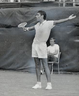 You can't win 'em all, tennis star Pancho Gonzales seems to be saying as he spreads his arms in exasperations during Canadian Open Tennis Championship(...)