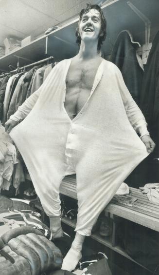 Everybody loves a Clown? Gilles Gratton is at his ebullient best as he models his underwear in dressing room at Maple Leaf Grdens yesterday. Gratton h(...)