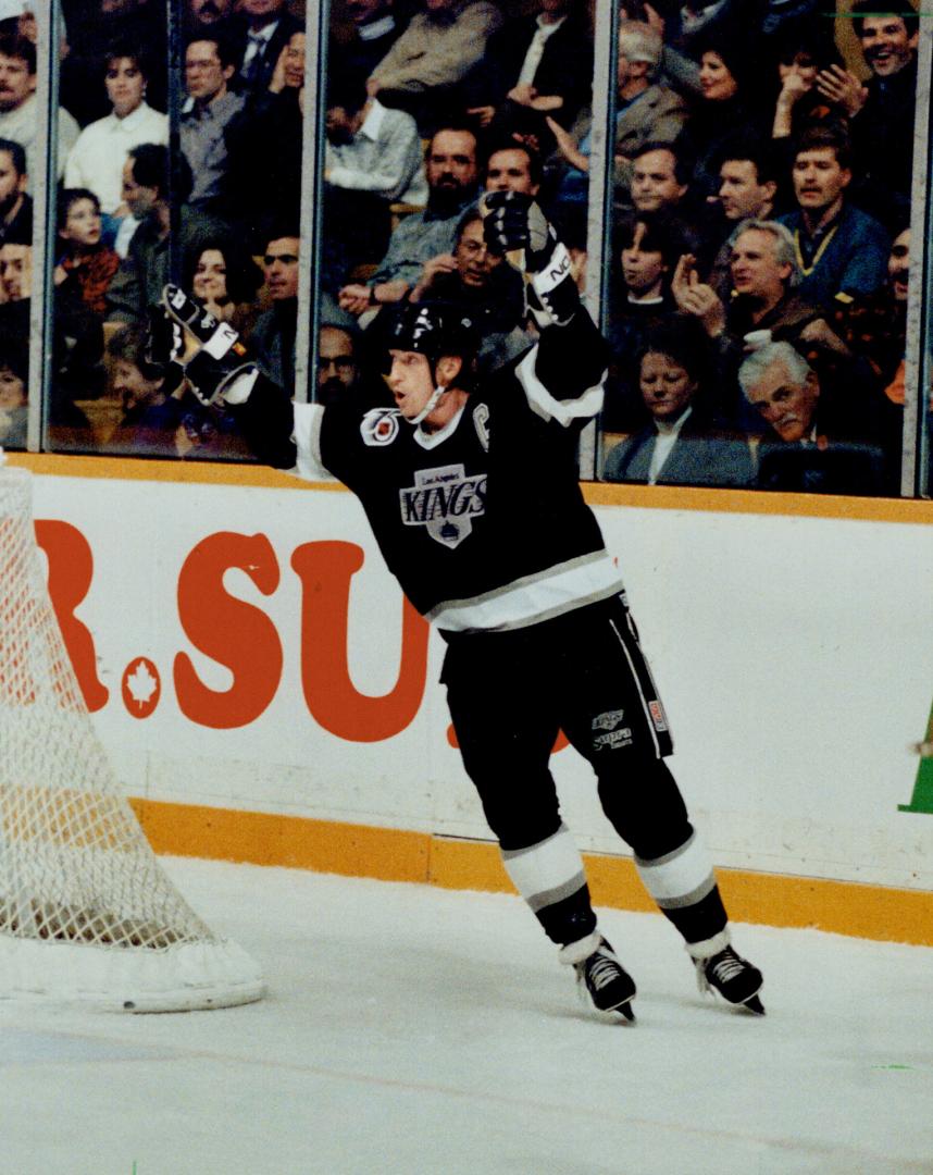 He scores! Wayne Gretzky celebrates after one of his two goals for
