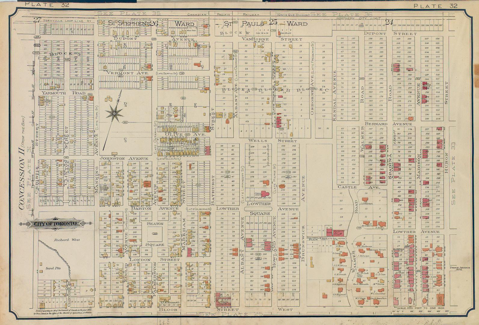 Atlas of the city of Toronto and vicinity from special survey founded on registered plans and showing all building and lot numbers.