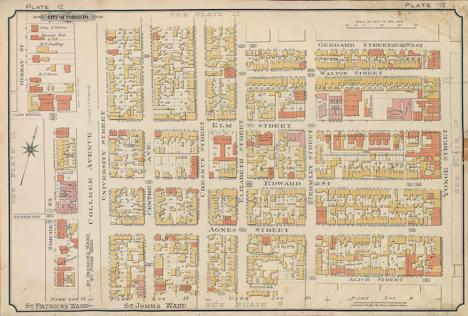 Atlas of the city of Toronto and vicinity from special survey founded on registered plans and showing all building and lot numbers.