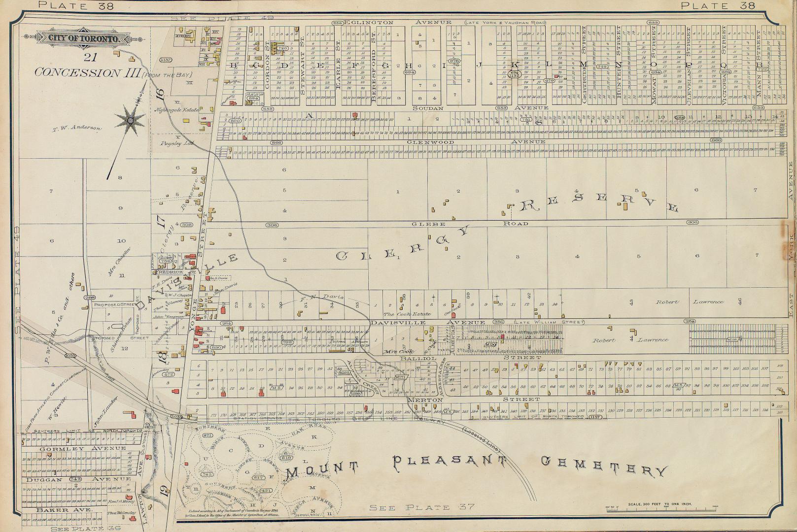 Image shows a map of some areas north and west from the Mount Pleasant Cemetery.