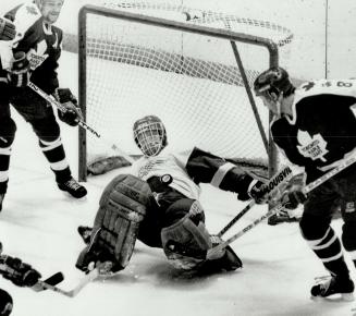 Goaltender Glen Hanlon of the Red Wings, seen here making one of the 30 stops he turned in while shutting out the Maple Leafs 3-0 in Detroit on Wednes(...)