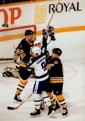 Some insurance: Dave Hannan celebrates his second goal of the evening, which gave Toronto a 6-2 lead over Boston halfway through the third period