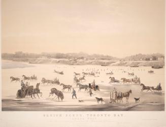 Image shows some people, horses, dogs and sleigh in winter by the lake.
