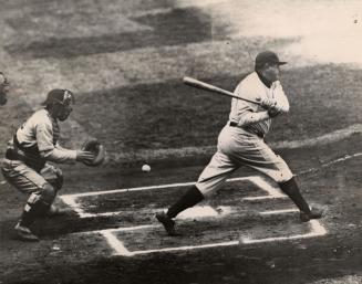 Babe Ruth batting in an exhibition game between the Yankees and the Brooklyn Dodgers, April 1934