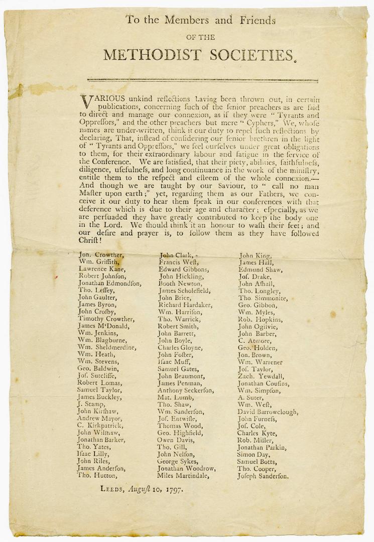 Printed text addressed "To the members and friends of the Methodist Societies", dated Leeds, Au ...