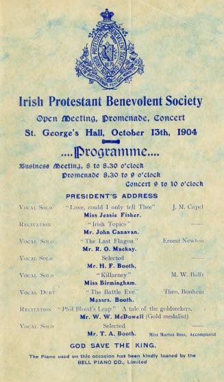 Irish Protestant Benevolent Society open meeting, promenade, concert, St