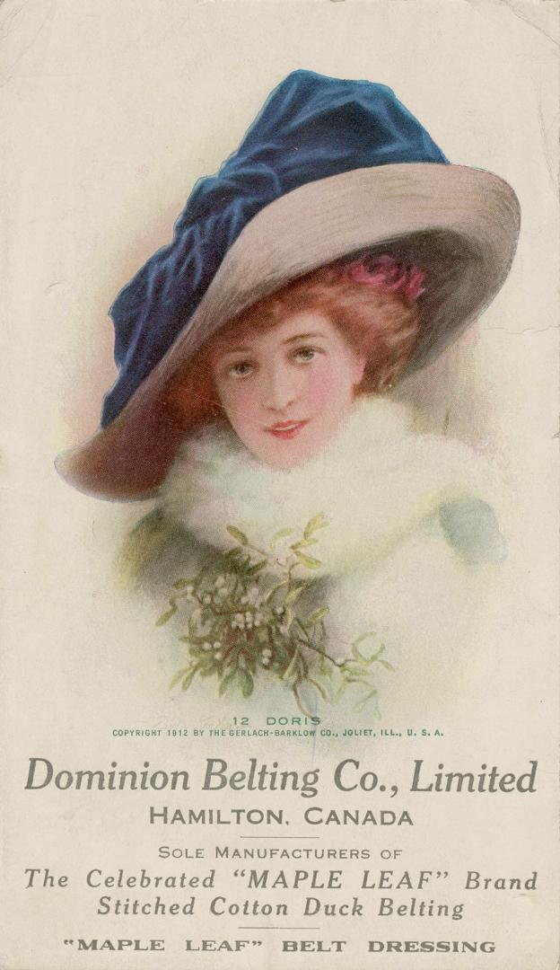 Illustration of a young woman wearing a white fur stole, and a large hat with a blue velvet bow…