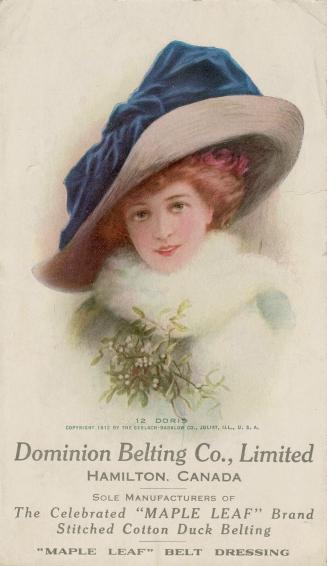 Illustration of a young woman wearing a white fur stole, and a large hat with a blue velvet bow…