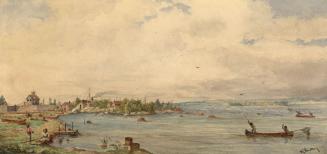 Shows several people fishing in the foreground, with wooden buildings and a ship in the backgro…