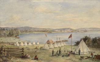 Shows an encampment on the water's edge. Several straight lines of conical tents, a red flag on ...