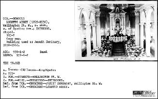An old-fashioned card catalogue card bearing a small image of the interior of the chapel in Lor ...
