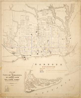 Plan of the City of Toronto, shewing the general system of the new water works and position of all the new pipe laid