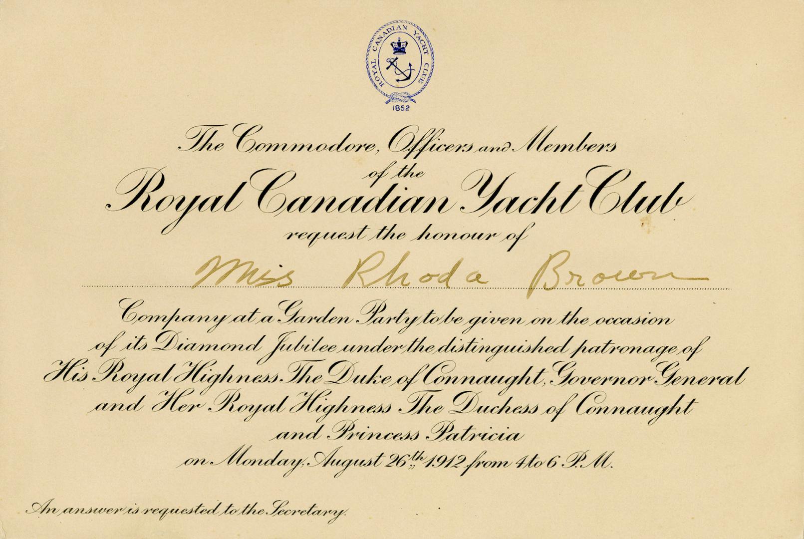The commodore, officers and members of the Royal Canadian Yacht Club request the honour of