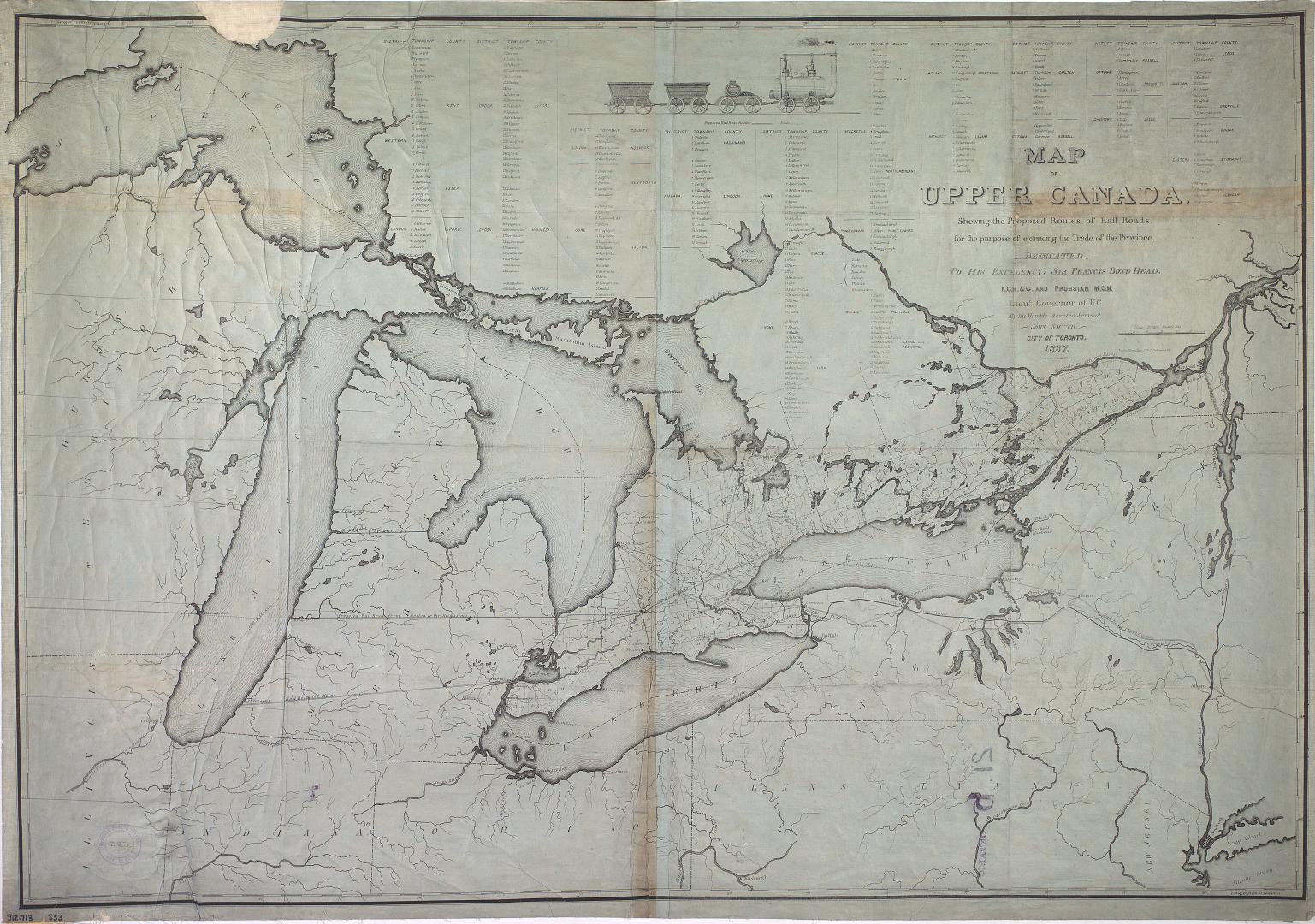 Map of Upper Canada shewing the proposed routes of rail roads for the purpose of extending the trade of the province