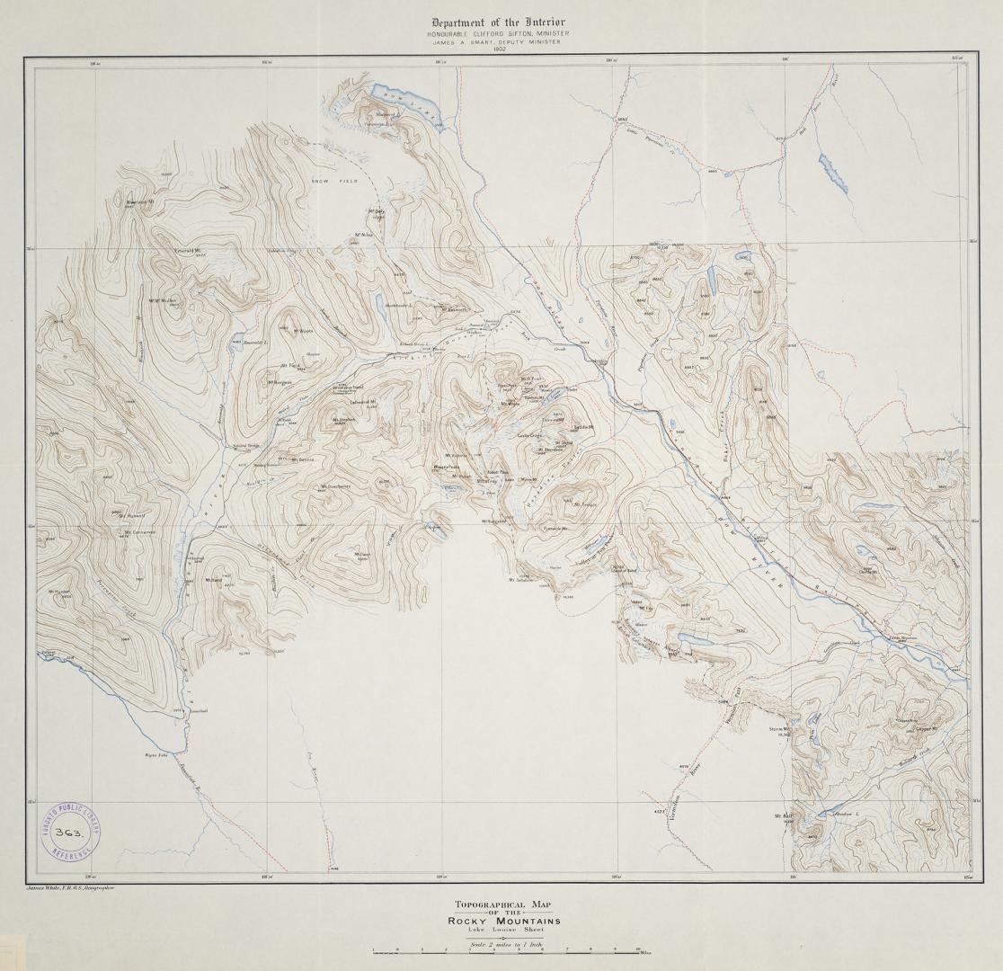 Topographical map of the Rocky Mountains Lake Louise sheet