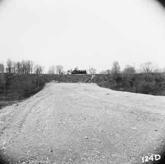 Looking west along Eglinton Avenue East from west of Don Mills Road to termination of Eglinton Avenue at railway tracks