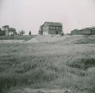 Closeup of restoration of second large log home of Daniel Stong at Black Creek Pioneer Village