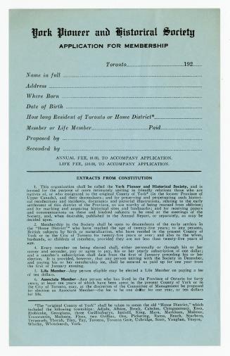 York Pioneer and Historical Society, application for membership
