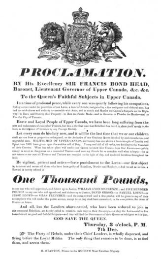 Proclamation offrant une récompense pour la capture d'hommes ayant pris part à la r?bellion de 1837