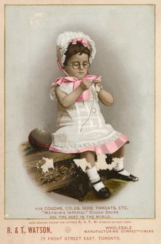 Illustration of a little girl in a white dress with a lacey collar, a big pink bow around her n ...