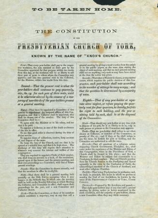 To be taken home. The Constitution of the Presbyterian Church of York, known by the name of ''Knox Church.''