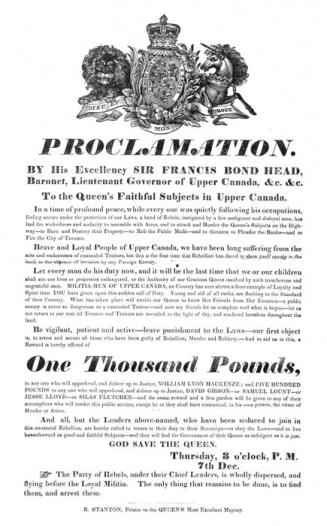 Proclamation offering an award for the capture of men who took part in the 1837 Rebellion