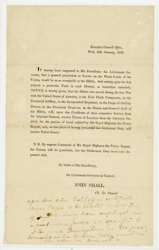 It having been suggested to His Excellency the Lieutenant Governor, that a general permission to locate on the waste lands of the Crown, would be more acceptable to the militia