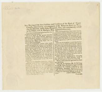 At a meeting of the stockholders and creditors of the Bank of Upper Canada, convened by advertisement at the Kingston Hotel on Tuesday the 31st. Jan., 1823