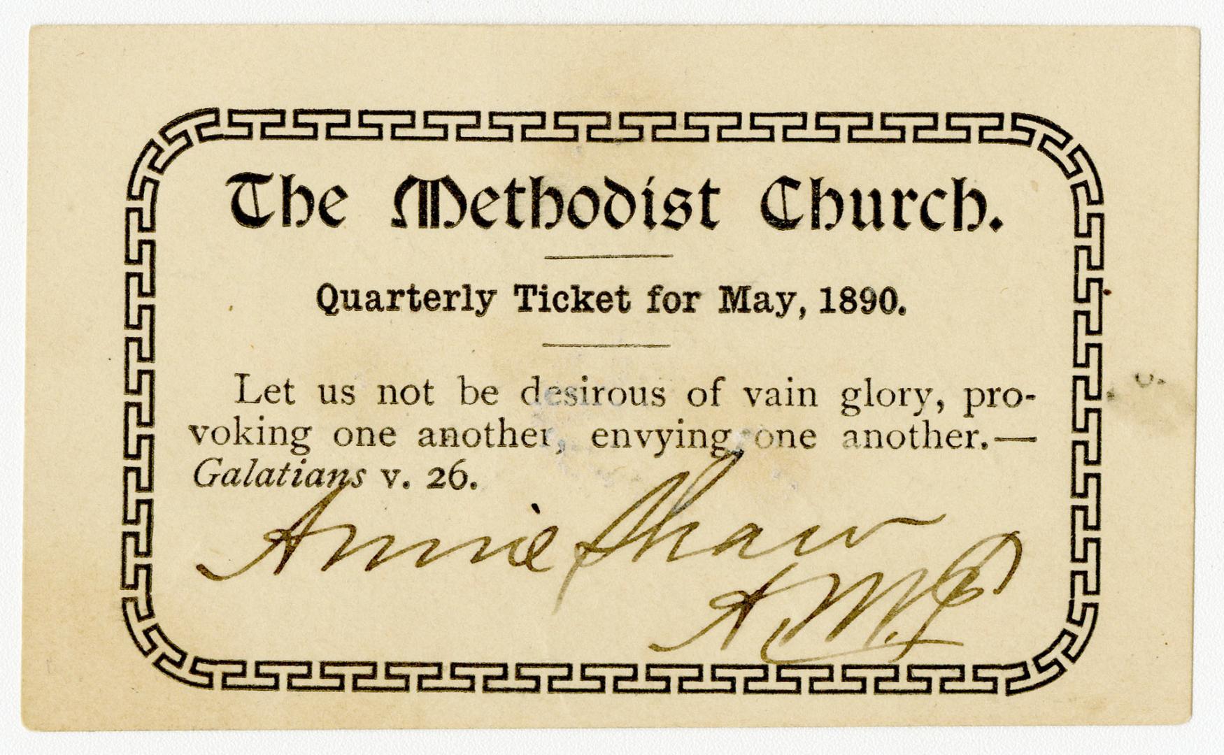 Methodist Church Quarterly Ticket for May, 1890