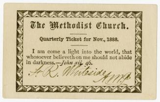 Methodist Church Quarterly Ticket for November, 1888