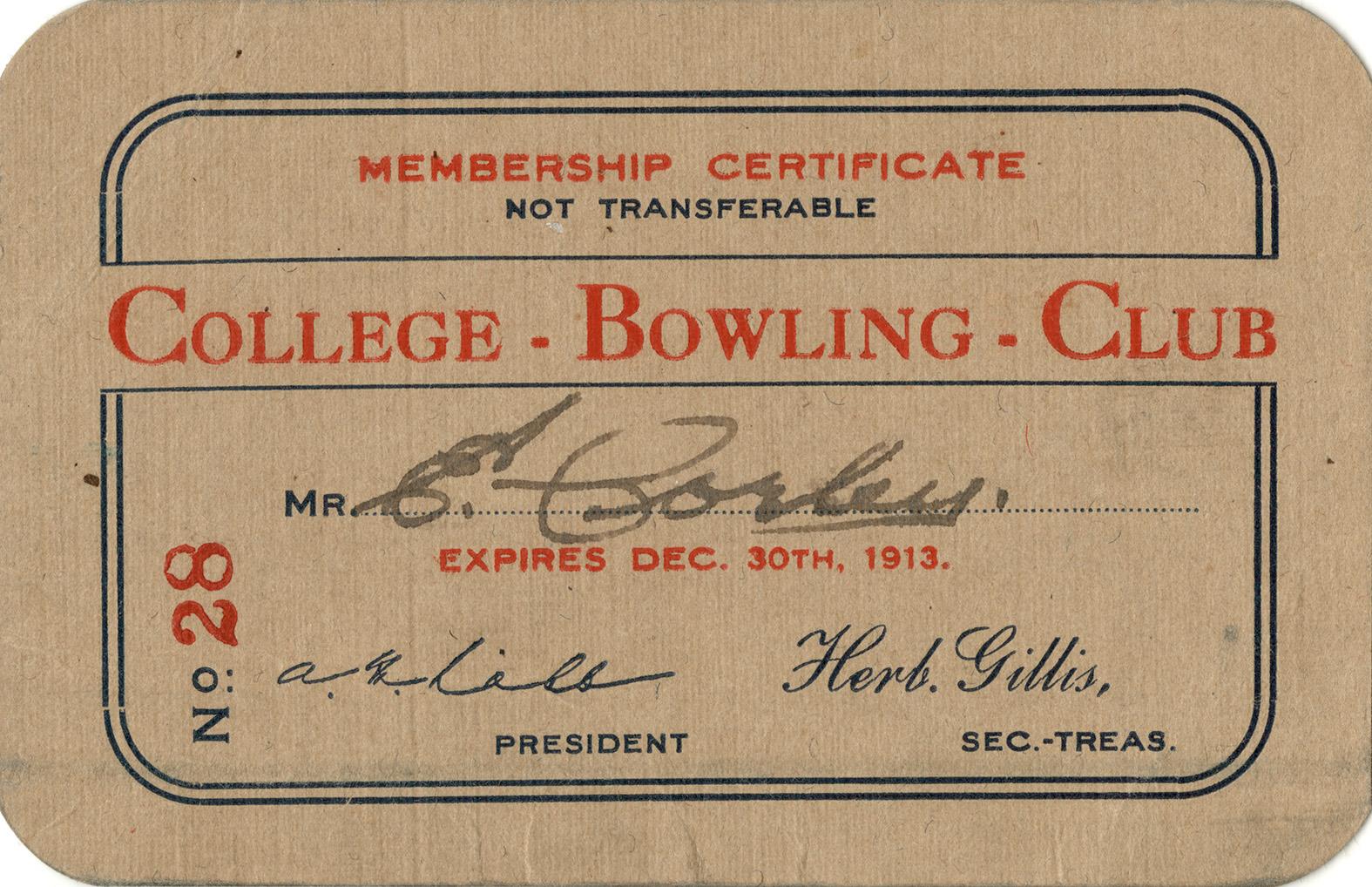 Membership certificate College Bowling Club