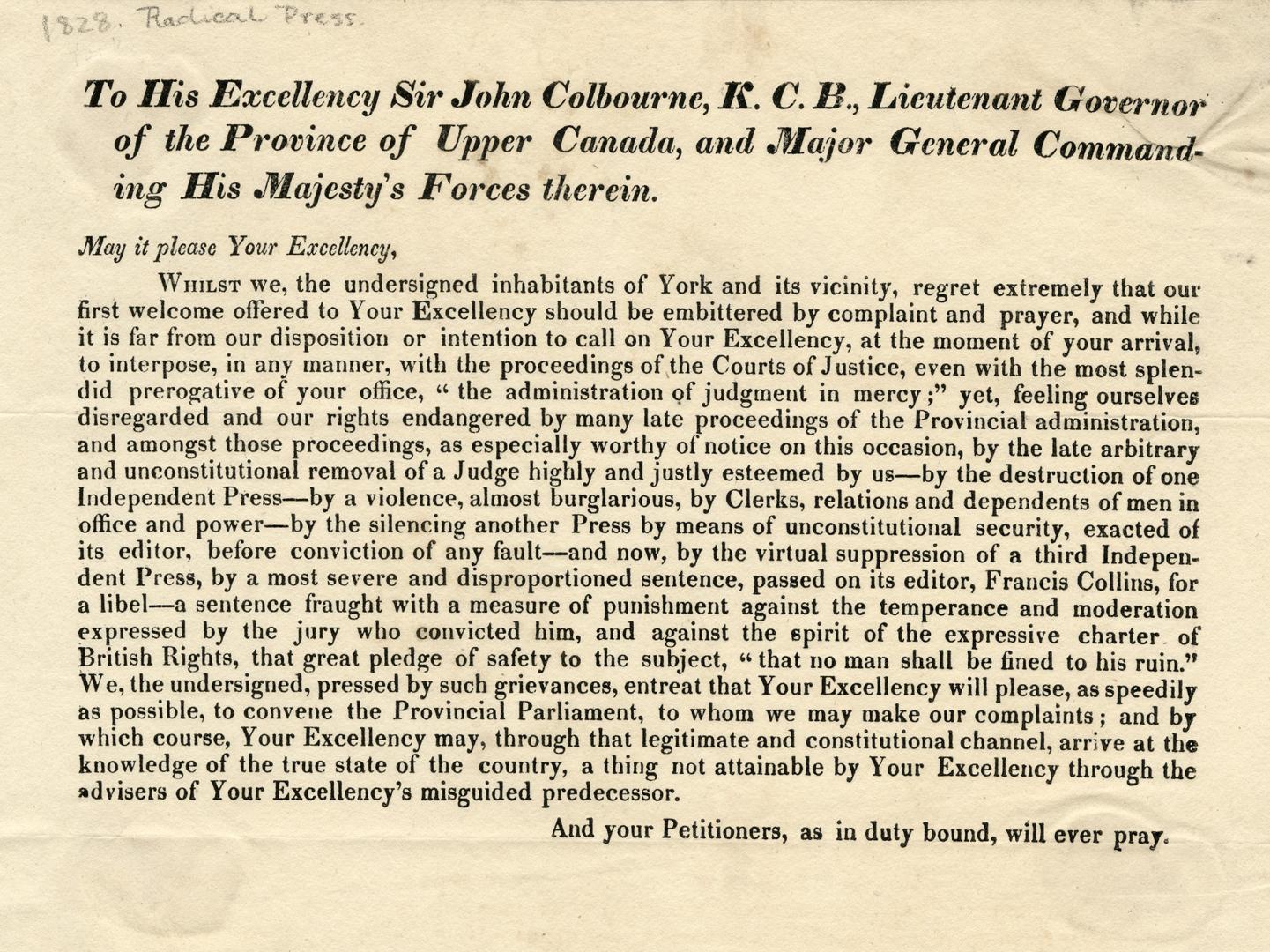 To His Excellency, Sir John Colbourne [sic], K