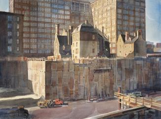 Eaton Centre, Yonge Street, west side, from Queen to Dundas Streets, view from Yonge Street, about Louisa St, during construction