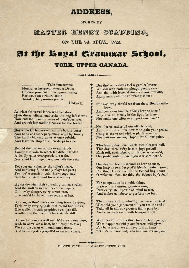 Address spoken by Master Henry Scadding on the 9th April, 1829 : at the Royal Grammar School, York, Upper Canada