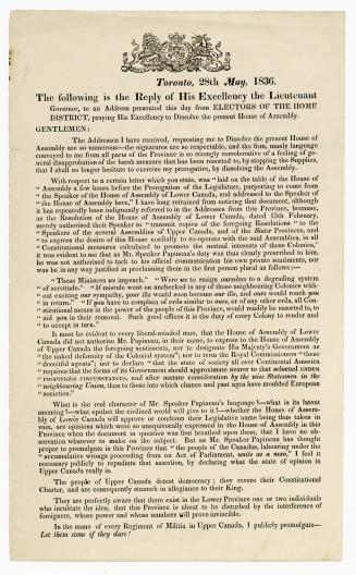 The Following is the reply of His Excellency the lieutenant governor, to an address presented this day from electors of the Home District, praying His(...)