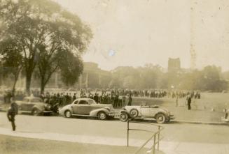 The army on the University of Toronto campus, gas masks in foreground