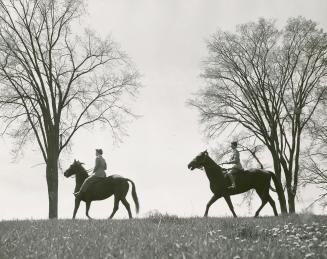 Two short-haired women wearing fitted jackets seen in profile as they ride on horseback between…