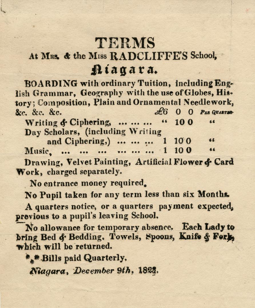 Terms at Mrs. & the Miss Radcliffe's school, Niagara