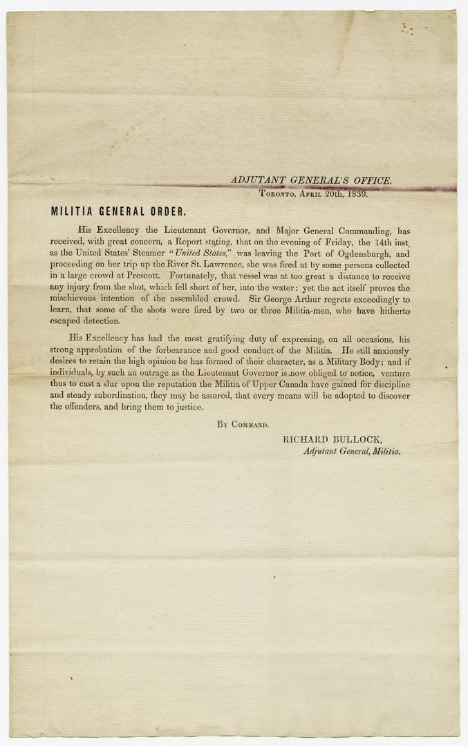 Adjutant general's office, Toronto, April 20th, 1839 : Militia general order