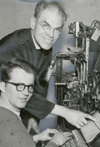 Father Garrard at the Bracebridge monastery is shown with Ted Devling at linotype machine that sets type for printing shop, which publishes booklets