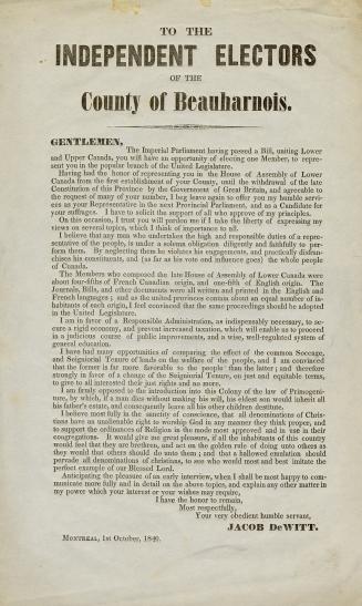 To the independent electors of the county of Beauharnois, the imperial parliament having passed a bill, uniting Lower and Upper Canada ...