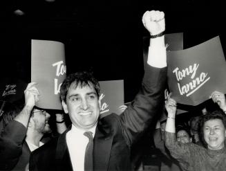 Victory salute: Tony Ianno Celebrates with campaign workers last night after winning the Liberal nomination for the new Metro riding of Trinity-Spadina