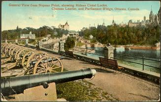 General View from Nepean Point, showing Rideau Canal Locks, Chateau Laurier, and Parliament B'ldgs, Ottawa, Canada
