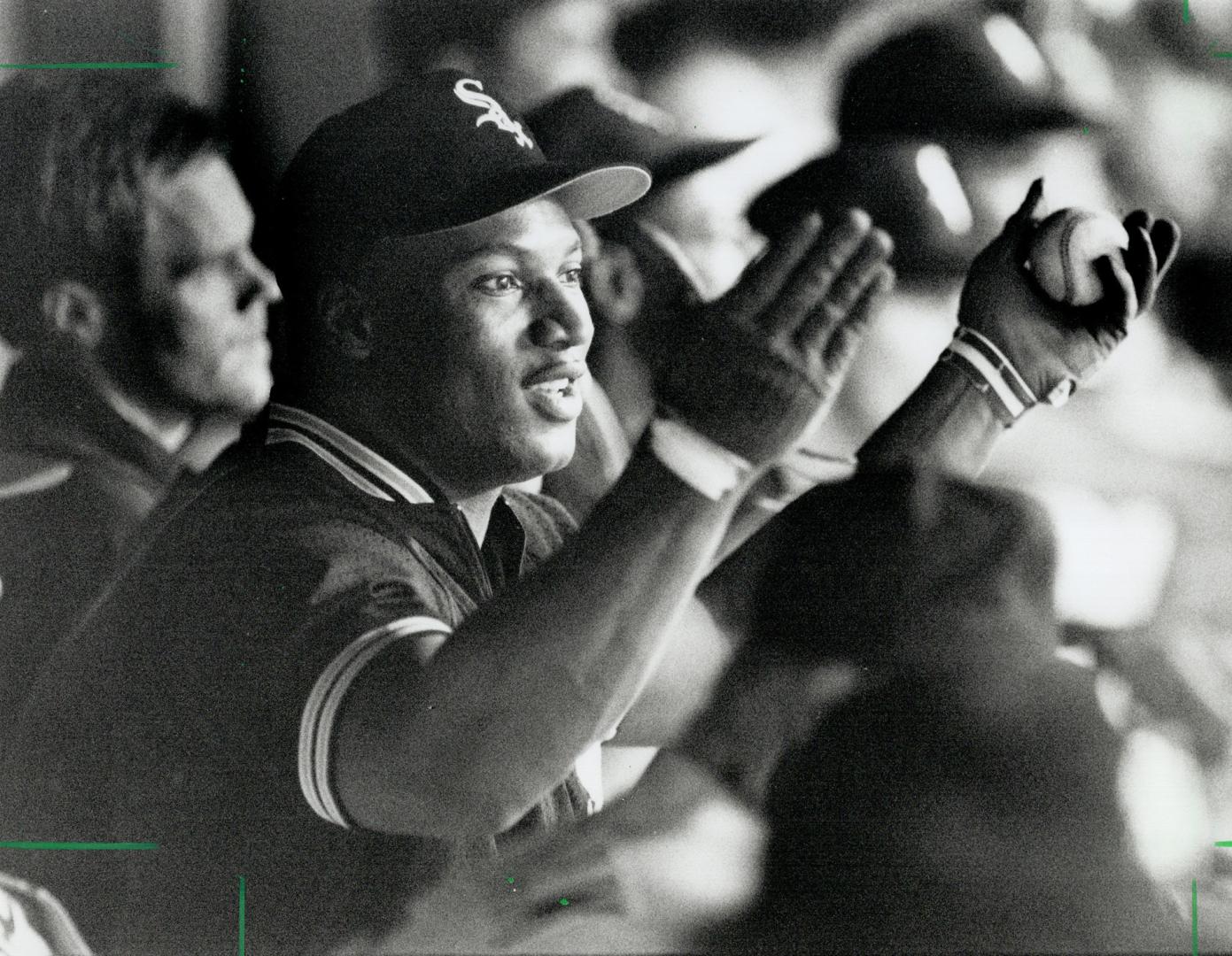Cheer-Leader: White Sox's Bo Jackson: recovering from a hip injury: gestures in the dugout last night as Chicago thrashed the Blue Jays 12-4 at the SkyDome