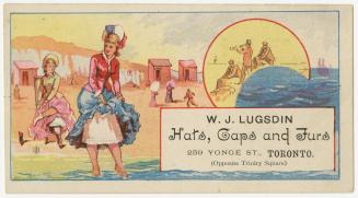Illustration of a beach scene with two women in full dresses and hats. One woman is holding up  ...