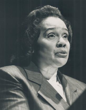 Crusade continues: Coretta Scott King told a Metro audience yesterday that creation of a just world will require more sharing of wealth to help stem poverty